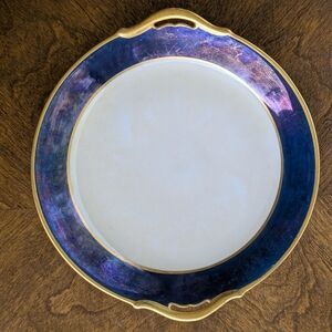 Antique 1910s Pickard Hand-Painted Handled Plate - Iridescent Blue & Gold
